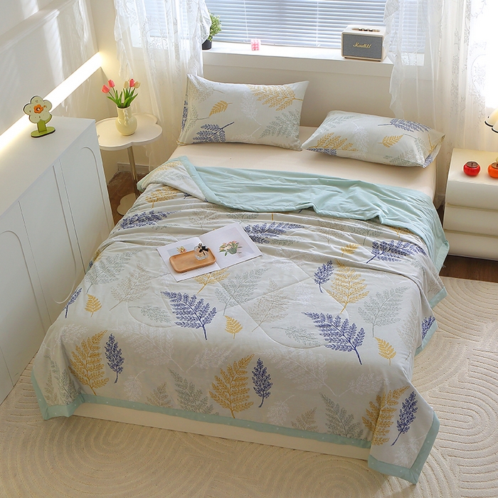 91家纺网 家纺一手货源 找家纺 金柚子2024新款全棉印花夏凉被 羽叶漫漫-米