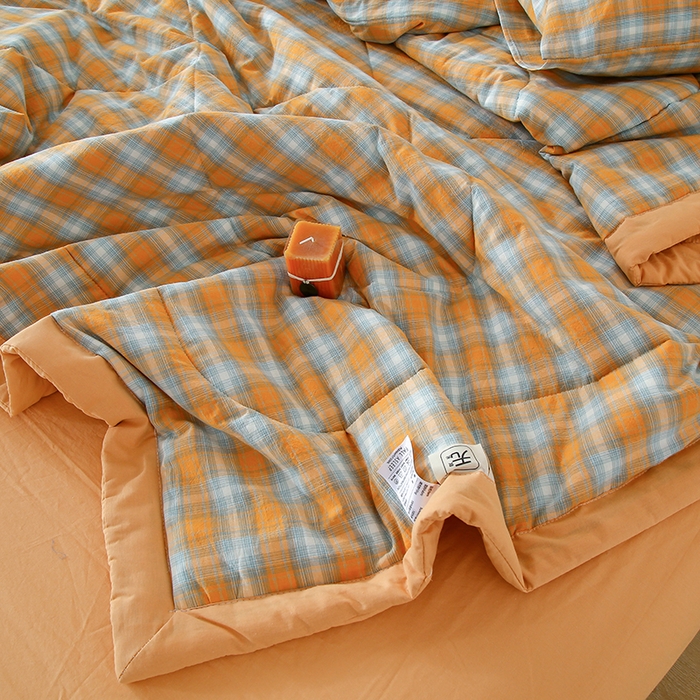 91家纺网 家纺一手货源 找家纺 迪乐妮家居 2024新款色织全棉夏被四件套 蜜橘格