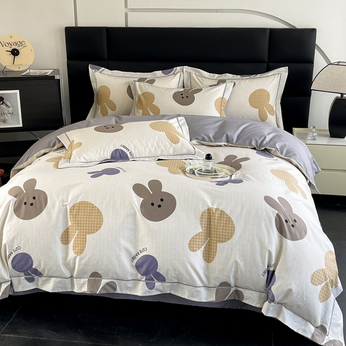 91家纺网 家纺一手货源 找家纺 7V 2024新款轻奢13376纯棉全棉喷气四件套 兔宝-灰