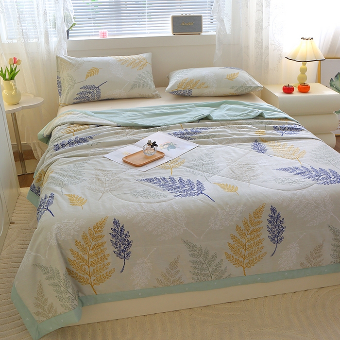 91家纺网 家纺一手货源 找家纺 金柚子2024新款全棉印花夏凉被 羽叶漫漫-米