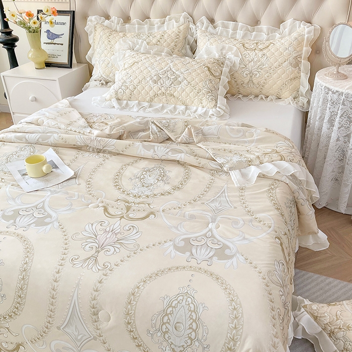 91家纺网 家纺一手货源 找家纺 虹星家纺 2024新款凉感丝印花可拆床裙套件-夏被凉席四件套 欧式雅韵