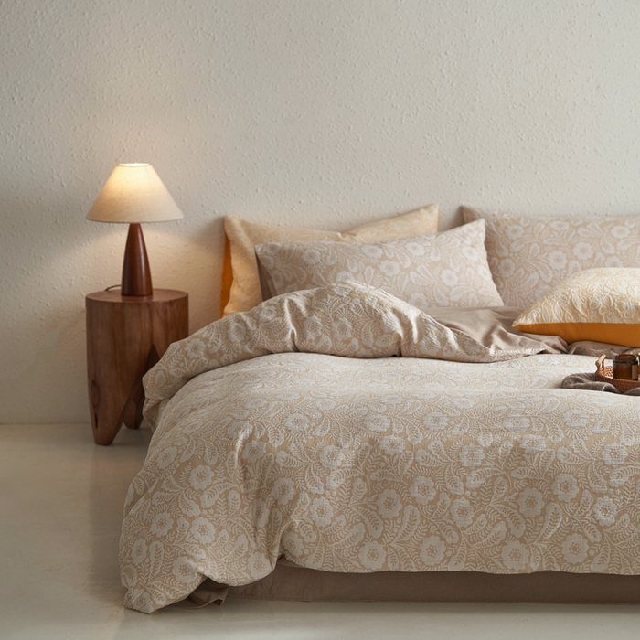 91家纺网 家纺一手货源 找家纺 （总）安莱生活 2025新款凤尾花语色织双层纱大提花基础款四件套