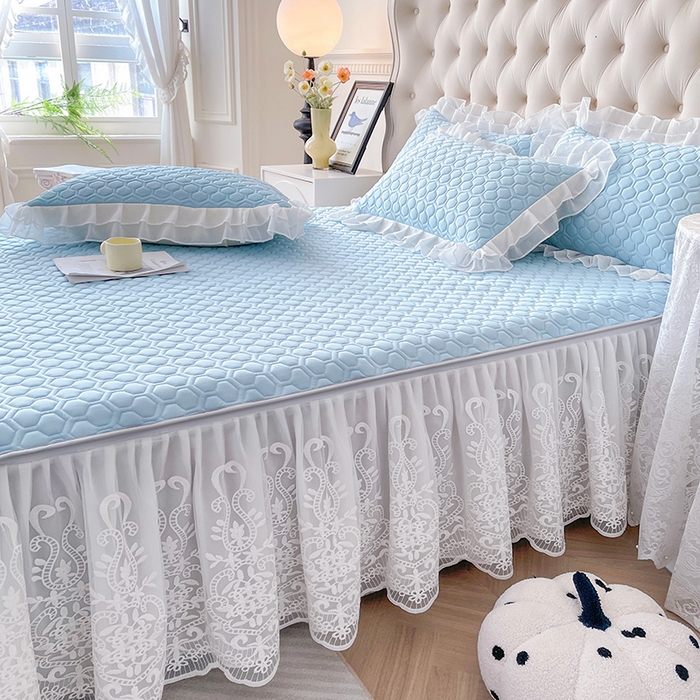 91家纺网 家纺一手货源 找家纺 虹星家纺 2024新款凉感丝印花可拆床裙套件-三件套 天空蓝