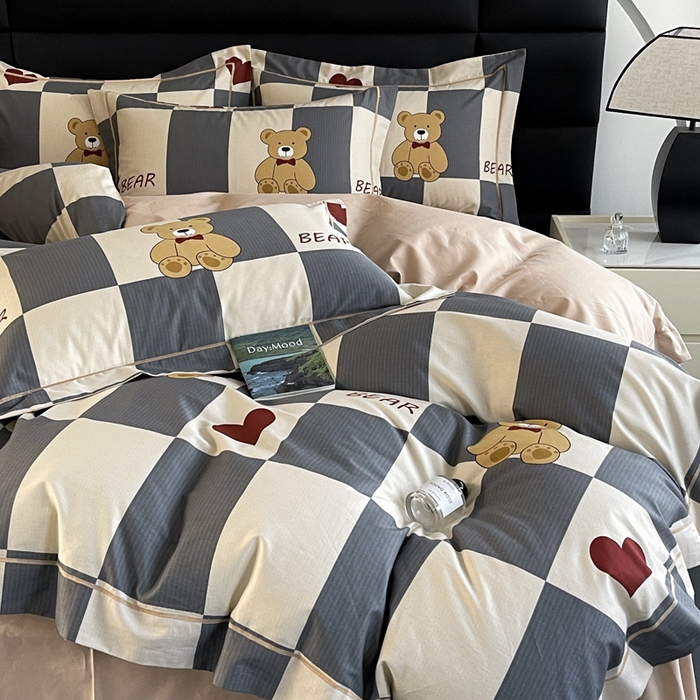 91家纺网 家纺一手货源 找家纺 7V 2024新款轻奢13376纯棉全棉喷气四件套 爱心熊宝-灰