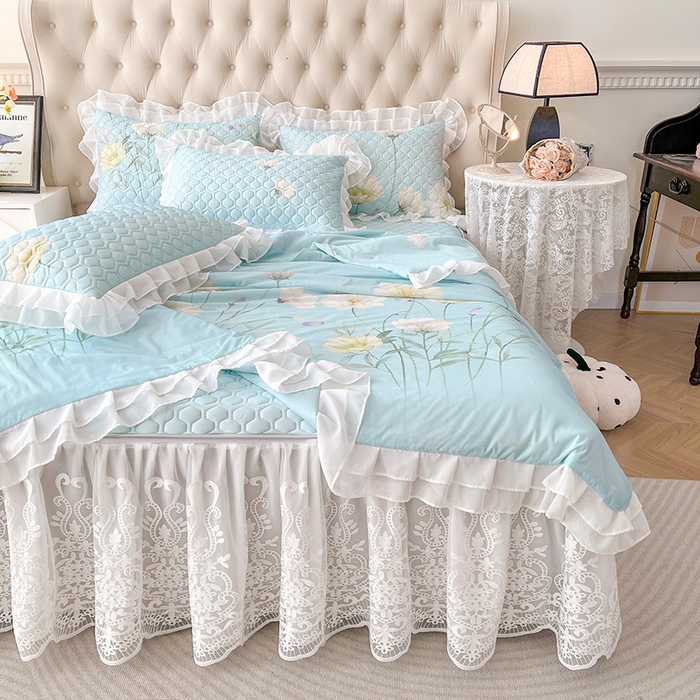 91家纺网 家纺一手货源 找家纺 虹星家纺 2024新款凉感丝印花可拆床裙套件-夏被凉席四件套 柔丝曼舞