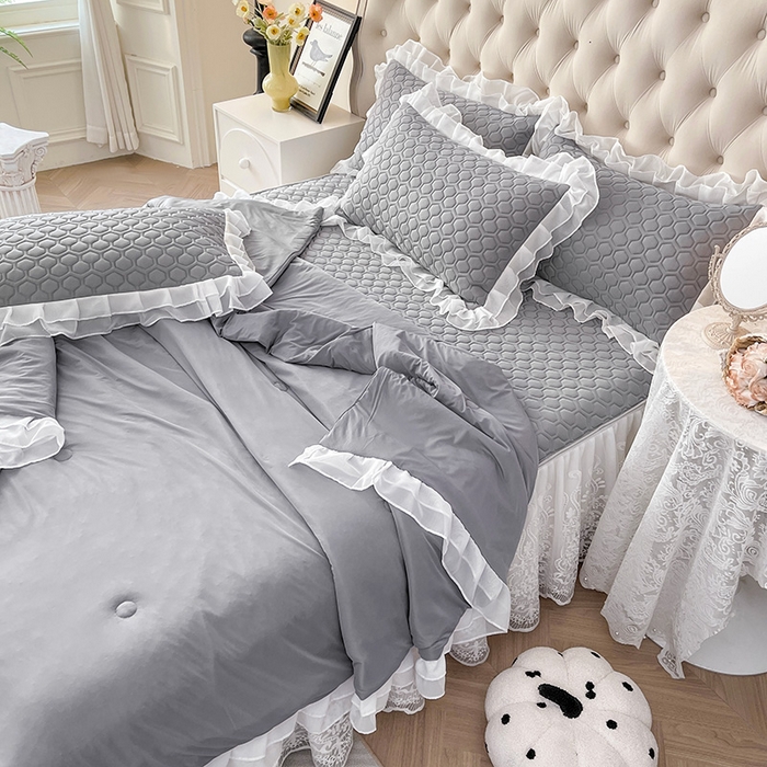 91家纺网 家纺一手货源 找家纺 虹星家纺 2024新款凉感丝印花可拆床裙套件-夏被凉席四件套 月光灰