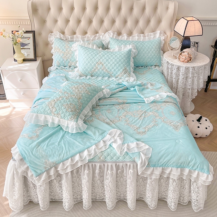 91家纺网 家纺一手货源 找家纺 虹星家纺 2024新款凉感丝印花可拆床裙套件-夏被凉席四件套 罗马之恋