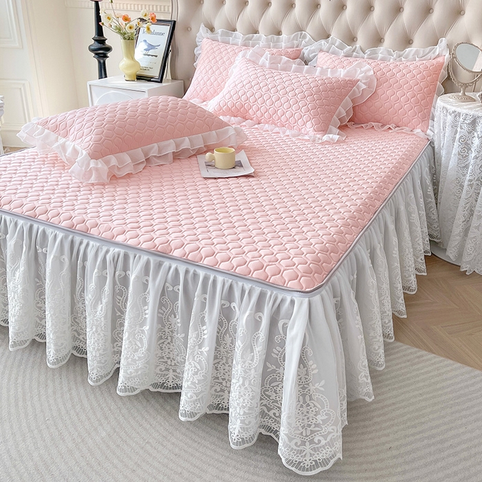 91家纺网 家纺一手货源 找家纺 虹星家纺 2024新款凉感丝印花可拆床裙套件-三件套 仙女粉