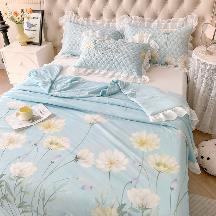 91家纺网 家纺一手货源 找家纺 虹星家纺 2024新款凉感丝印花可拆床裙套件-夏被凉席四件套 柔丝曼舞