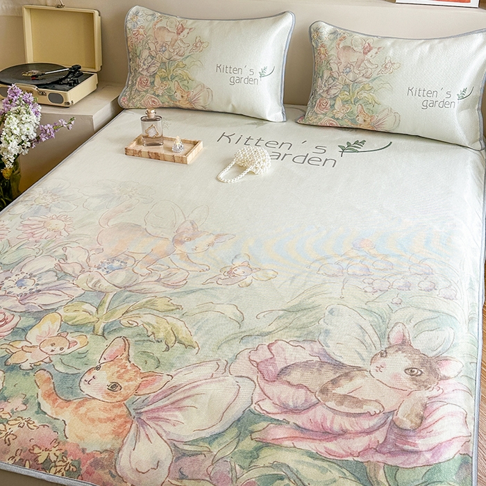 91家纺网 家纺一手货源 找家纺 萝莉家纺 2024新款大版印花冰丝凉席床席床笠款 小猫咪的花园-平席款