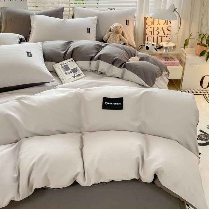 91家纺网 家纺一手货源 找家纺 黑马家居 2024新款双拼全棉四件套 浅灰+高级灰