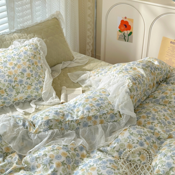 91家纺网 家纺一手货源 找家纺 淑女公社 2024春夏新款竹棉双层纱床裙款四件套-玫瑰庄园 玫瑰庄园 绿