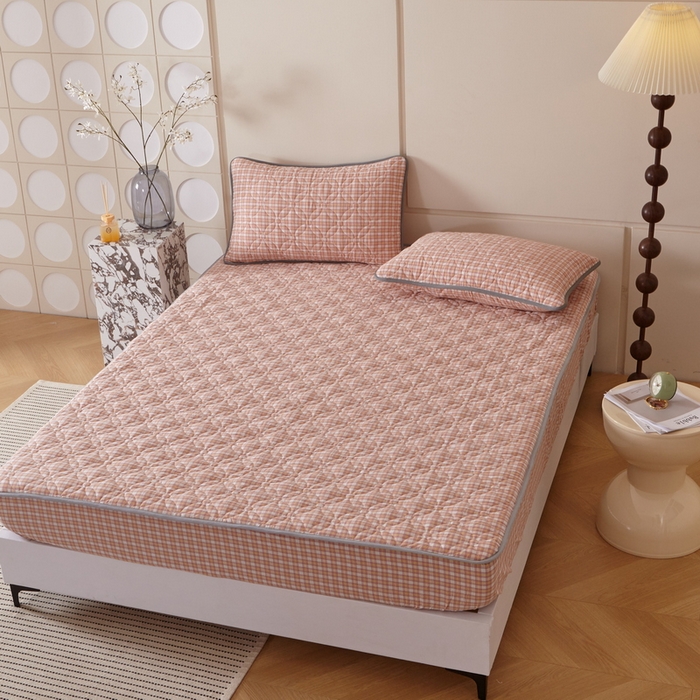 91家纺网 家纺一手货源 找家纺 杜先生 2024新款无印风水洗棉夹棉床笠 蜜橘格