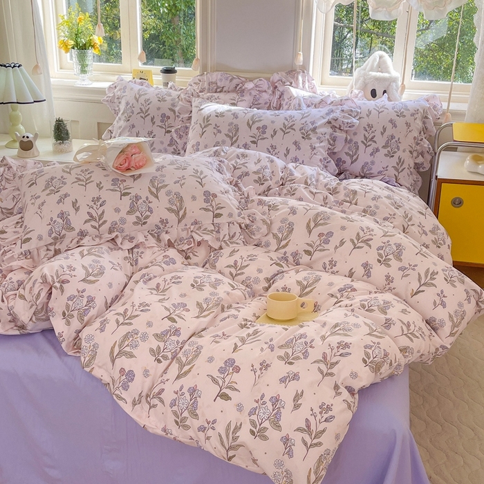 91家纺网 家纺一手货源 找家纺 上尚居 2024直播爆款韩版印花小清新卡通云朵棉四件套 花玉颜