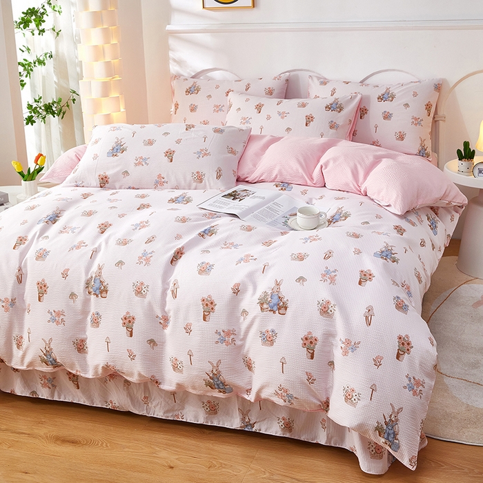 91家纺网 家纺一手货源 找家纺 全美家居 2025新款A类透气泡芙棉四件套 花丛兔