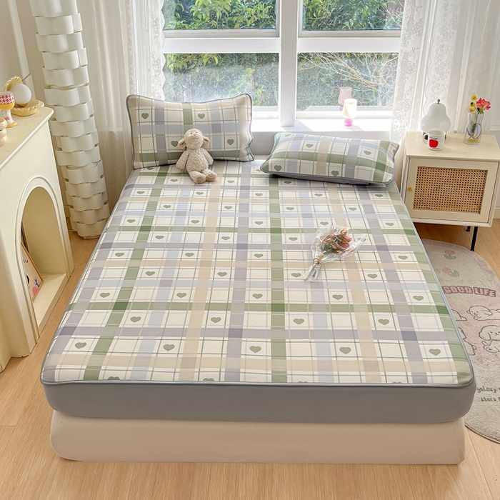 91家纺网 家纺一手货源 找家纺 星座 2025大斜纹复合冰丝凉席床笠款 爱心气泡绿-床笠款