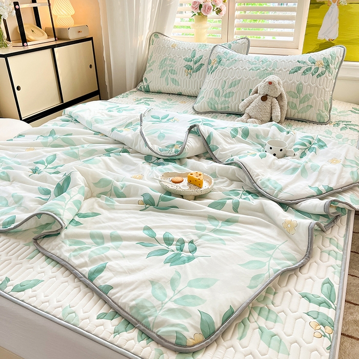 91家纺网 家纺一手货源 找家纺 慕澄家纺 2024新款小版印花0.5乳胶凉席夏被四件套 绿叶