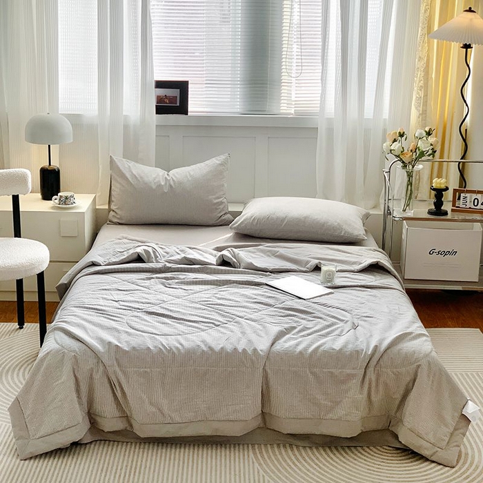 91家纺网 家纺一手货源 找家纺 水洗的故事2025新款A类色织水洗棉丝夏被四件套系列 密条灰