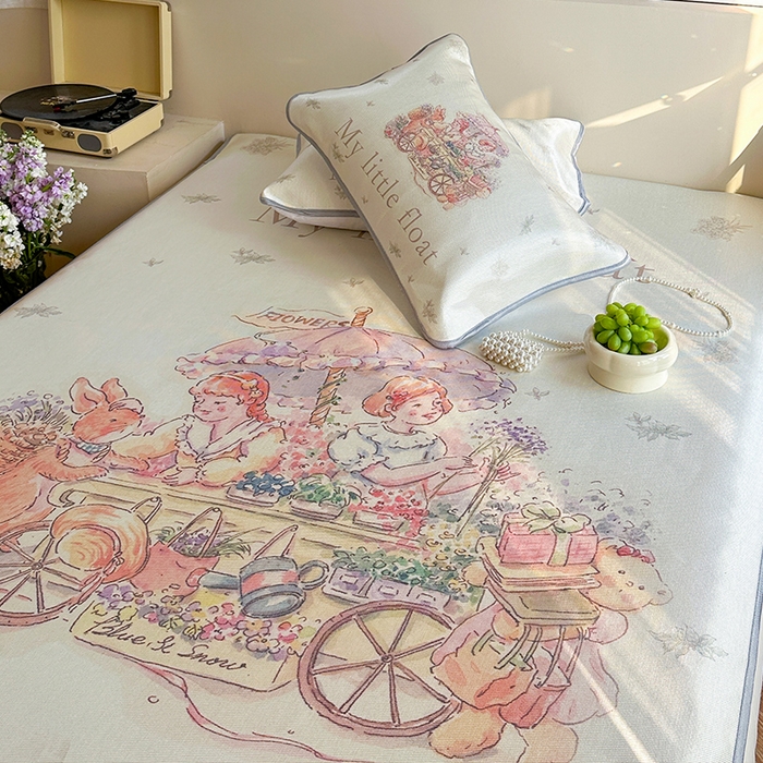 91家纺网 家纺一手货源 找家纺 萝莉家纺 2024新款大版印花冰丝凉席床席床笠款 我心爱的小花车-床笠款