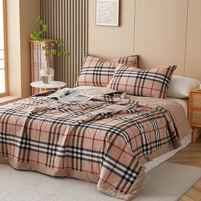 91家纺网 家纺一手货源 找家纺 猎鹿人家纺 2024新款水洗棉棉花夏被 咖条