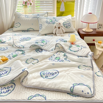 慕澄家纺 2024新款小版印花0.5乳胶凉席夏被四件套 顽皮小恐龙