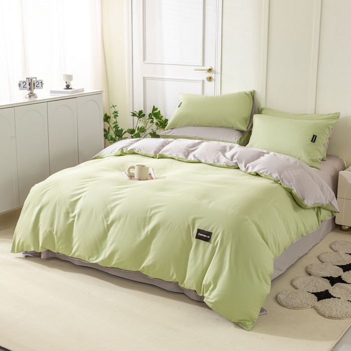 91家纺网 家纺一手货源 找家纺 黑马家居 2024新款双拼全棉四件套 豆绿+浅灰