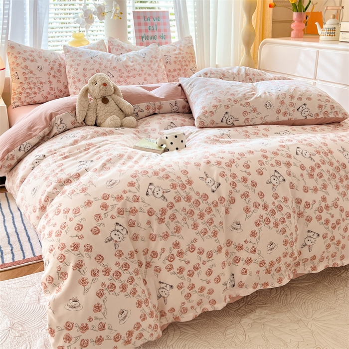 91家纺网 家纺一手货源 找家纺 多品 2024新款水洗棉双层纱四件套 玫瑰花园