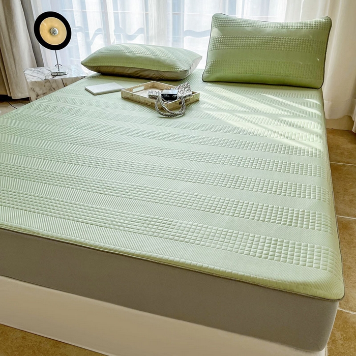 91家纺网 家纺一手货源 找家纺 全季家居 2024新款5A速冷PE简约系列凉豆豆席 格调-果绿-床笠款