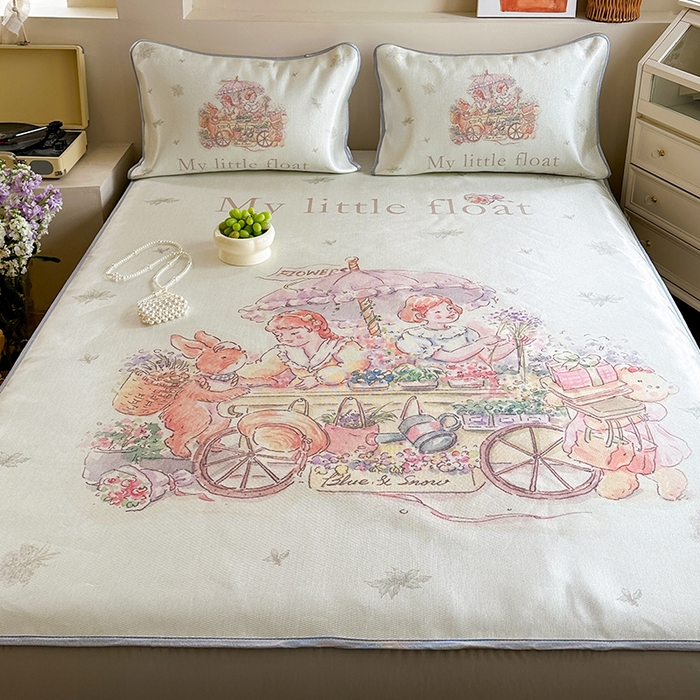 91家纺网 家纺一手货源 找家纺 萝莉家纺 2024新款大版印花冰丝凉席床席床笠款 我心爱的小花车-床笠款