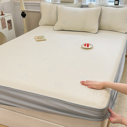 91家纺网 家纺一手货源 找家纺 全季家居 2024新款5A速冷PE小动物系列凉豆豆席 笑脸-天蓝-床笠款