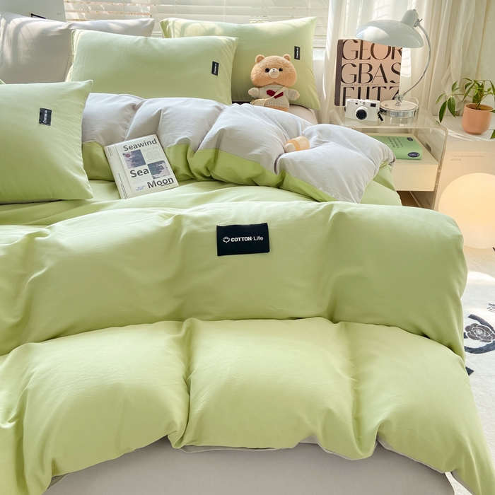 91家纺网 家纺一手货源 找家纺 黑马家居 2024新款双拼全棉四件套 豆绿+浅灰