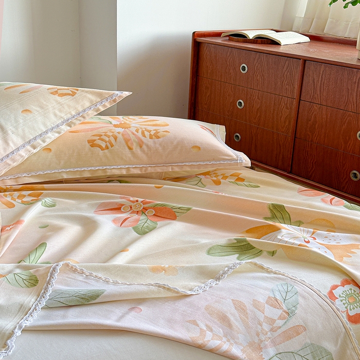 91家纺网 家纺一手货源 找家纺 萌宝老粗布毛绒玩具 2025新款原棉老粗布印花床单系列细纱帆布软凉席三枚段条花边款 向阳花