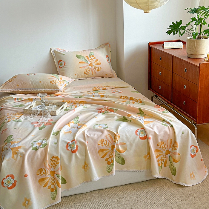 91家纺网 家纺一手货源 找家纺 萌宝老粗布毛绒玩具 2025新款原棉老粗布印花床单系列细纱帆布软凉席三枚段条花边款 向阳花