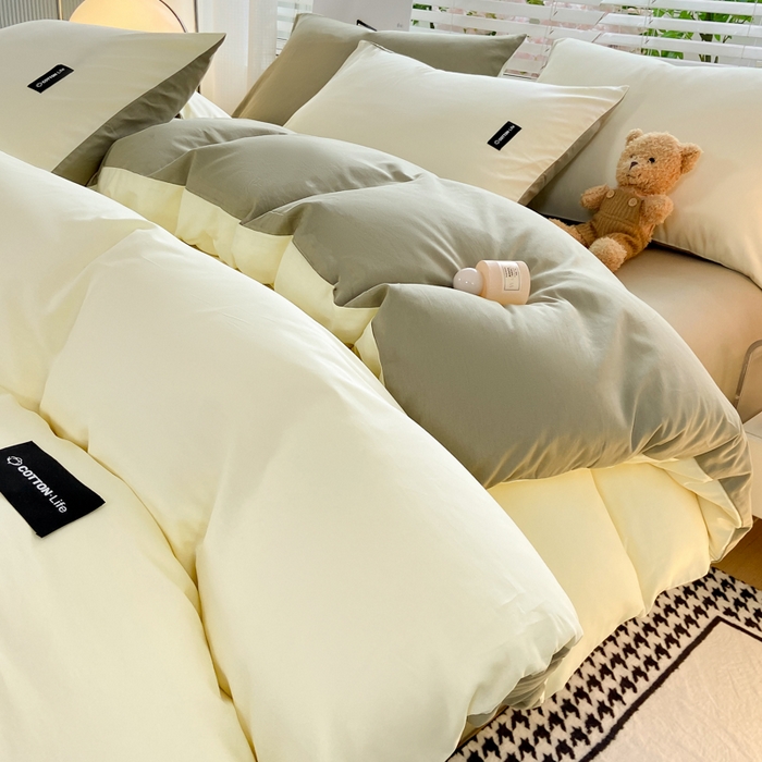 91家纺网 家纺一手货源 找家纺 黑马家居 2024新款双拼全棉四件套 奶白+灰绿