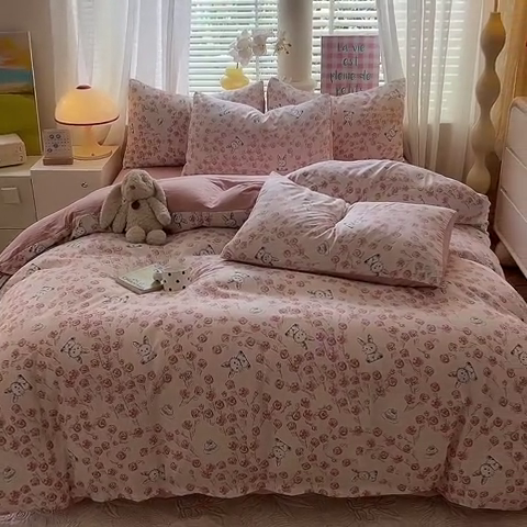91家纺网 家纺一手货源 找家纺 多品 2024新款水洗棉双层纱四件套 玫瑰花园