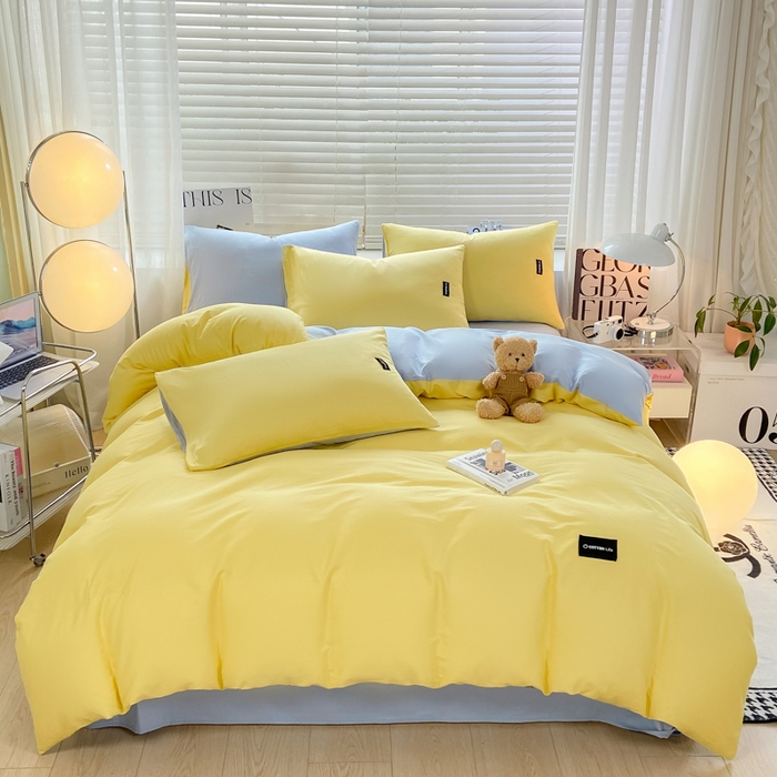 91家纺网 家纺一手货源 找家纺 黑马家居 2024新款双拼全棉四件套 黄+天蓝