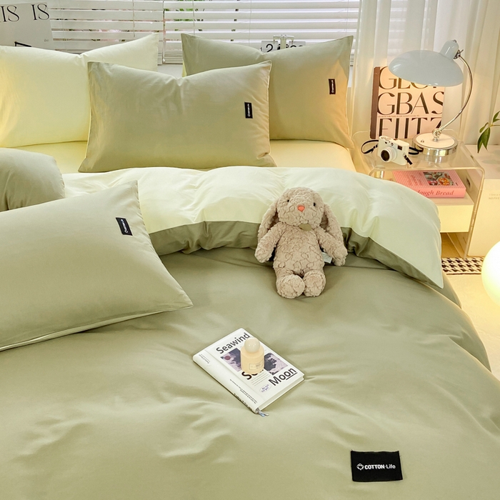 91家纺网 家纺一手货源 找家纺 黑马家居 2024新款双拼全棉四件套 灰绿+奶白