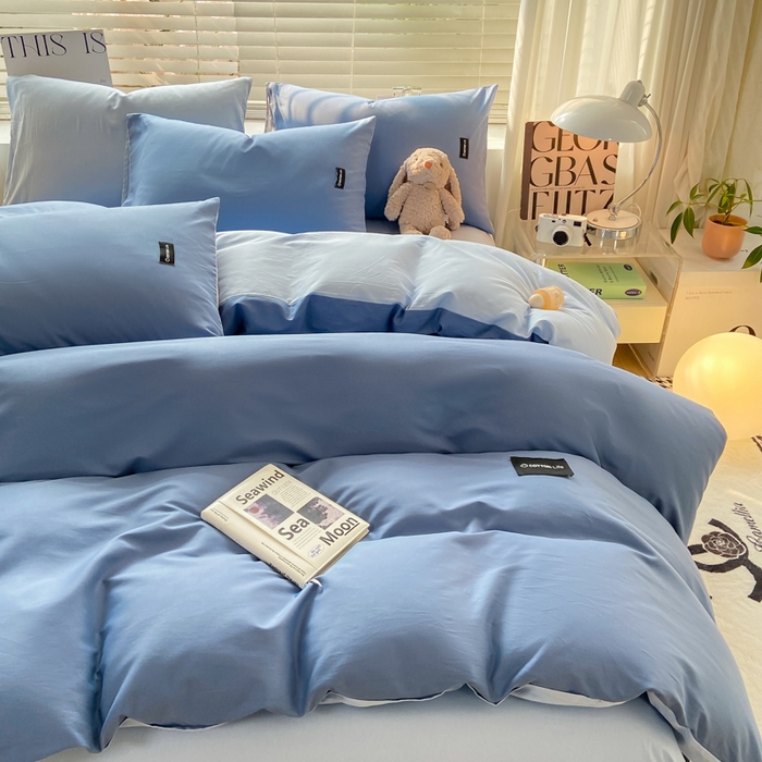 91家纺网 家纺一手货源 找家纺 黑马家居 2024新款双拼全棉四件套 宾利蓝+天蓝