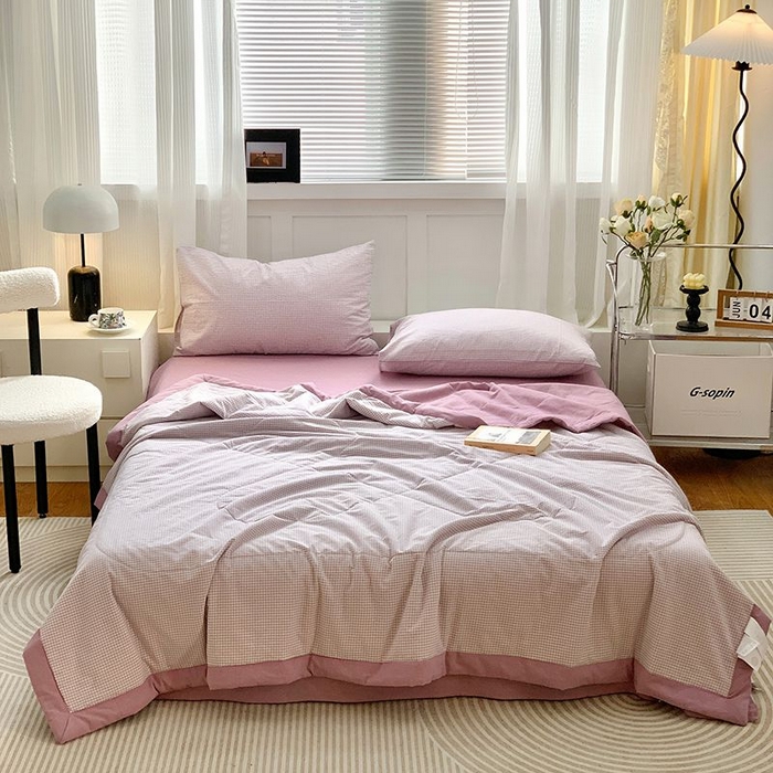 91家纺网 家纺一手货源 找家纺 水洗的故事2025新款A类色织水洗棉丝夏被四件套系列 小格紫