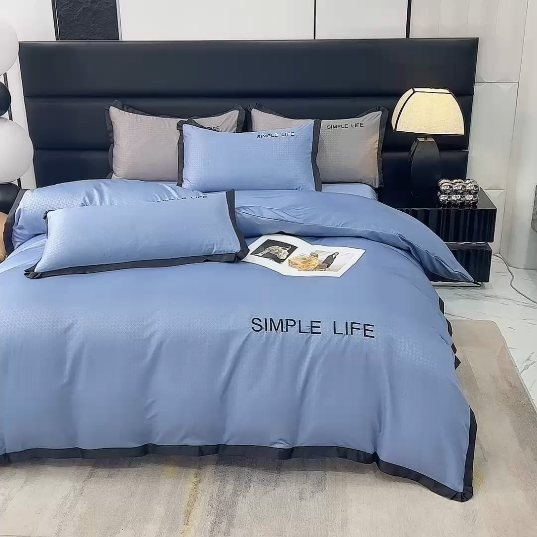 91家纺网 家纺一手货源 找家纺 艾米家居 2025水洗真丝提花系列简约生活 简约生活蓝灰