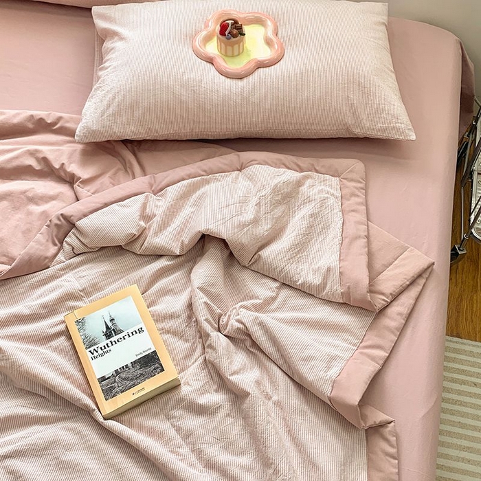 91家纺网 家纺一手货源 找家纺 水洗的故事2025新款A类色织水洗棉丝夏被四件套系列 密条粉