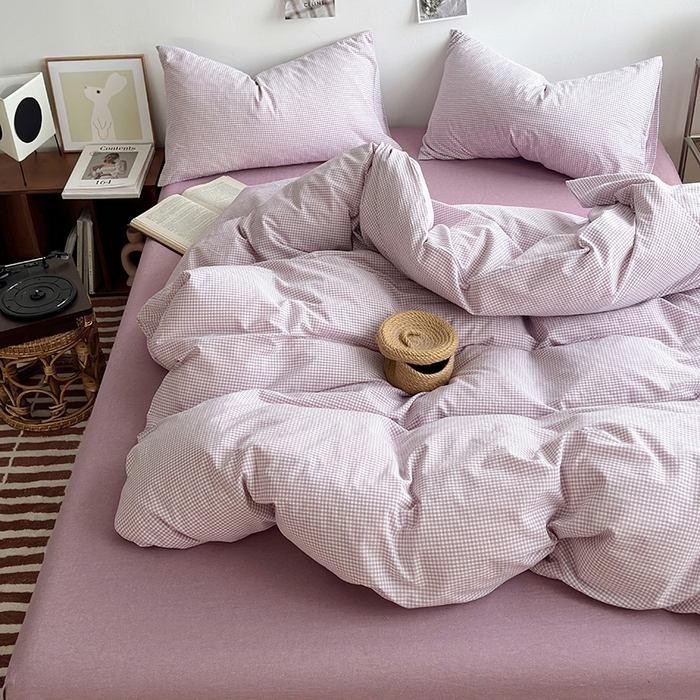 91家纺网 家纺一手货源 找家纺 水洗的故事 2024新款无印良品水洗棉四件套  小小格紫