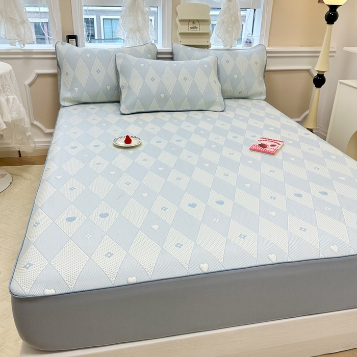 91家纺网 家纺一手货源 找家纺 全季家居 2024新款5A速冷PE小动物系列凉豆豆席 千鸟格-天蓝-床笠款