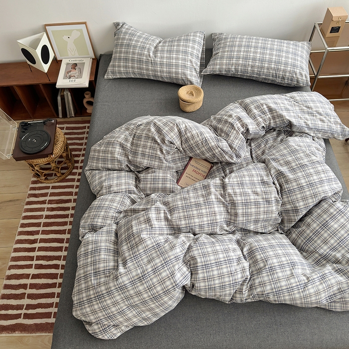 91家纺网 家纺一手货源 找家纺 水洗的故事 2024新款无印良品水洗棉四件套  灰线格