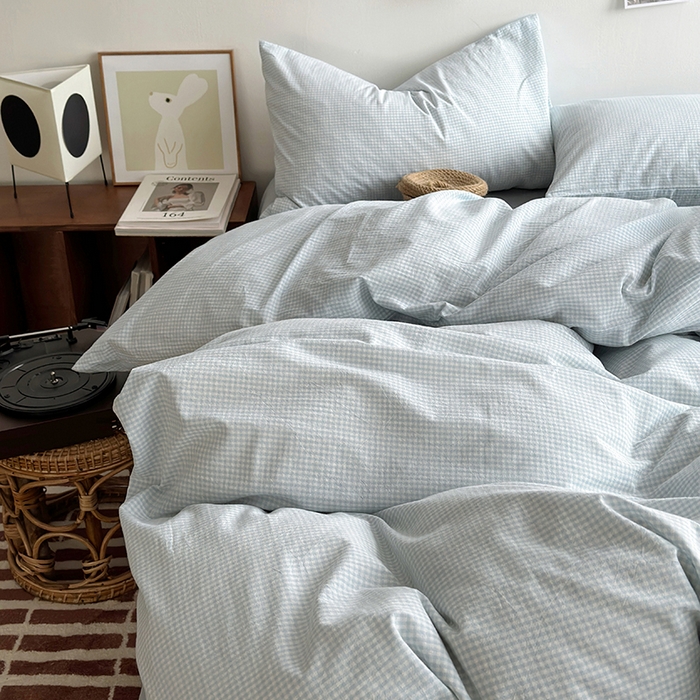 91家纺网 家纺一手货源 找家纺 水洗的故事 2024新款无印良品水洗棉四件套  小小格蓝