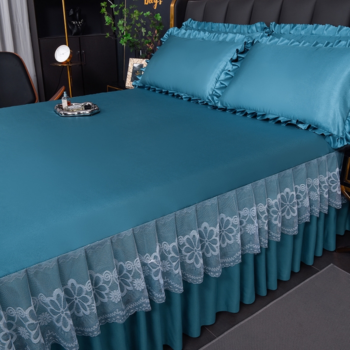 91家纺网 家纺一手货源 找家纺 艾裙海  2025新款纯色床裙款冰丝凉席 宝石蓝