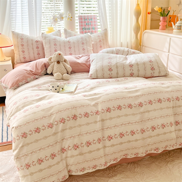 91家纺网 家纺一手货源 找家纺 多品 2024新款水洗棉双层纱四件套 白薇