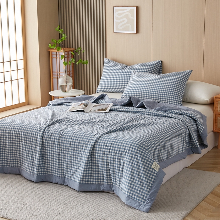 91家纺网 家纺一手货源 找家纺 猎鹿人家纺 2024新款水洗棉棉花夏被 蓝小格