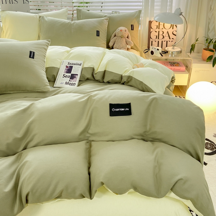 91家纺网 家纺一手货源 找家纺 黑马家居 2024新款双拼全棉四件套 灰绿+奶白