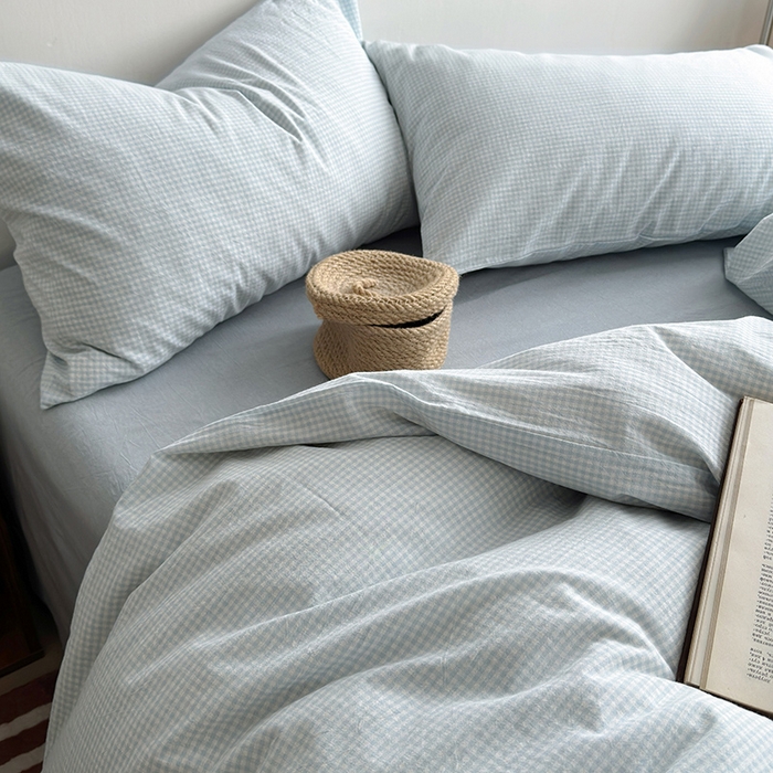 91家纺网 家纺一手货源 找家纺 水洗的故事 2024新款无印良品水洗棉四件套  小小格蓝